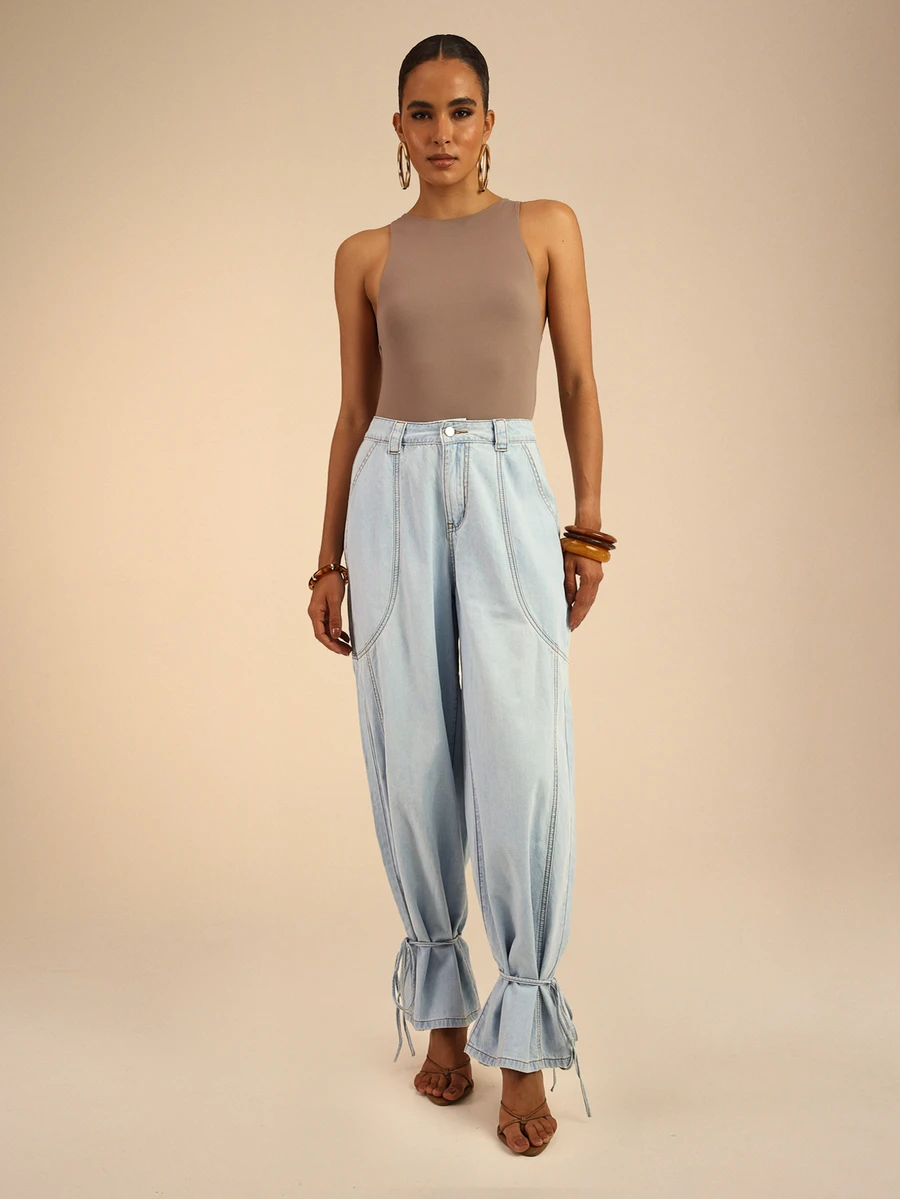 Dancing Leopard Light Blue Denim Balloon-Leg Ankle-Tie Jeans, Everyday Weekend Wear - Blue - View 1