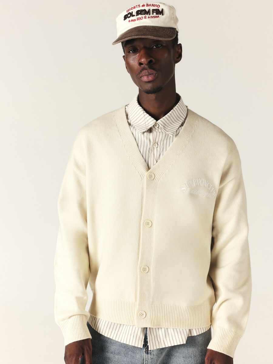 SUMWON Club Oversized Knit Cardigan V-Neck Button-Up Long Sleeve Sweater Fall Winter Layering Essential - Beige - View 1