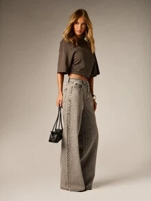 AiiRZ Wide Leg Low Rise Vintage Wash Denim Jeans With Side Rhinestone Embellishment Detail And Classic Five Pocket Design - Grey - View 3