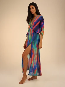 Dancing Leopard Print Plunge Neck Batwing Loose Fit Midi Dress, Summer Outfits For Women, Vacation Dress, Holiday Dress - Multicolor - View 4