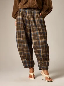AiiRZ Celana Panjang Model Barrel Leg Motif Kotak-kotak dengan Pinggang Elastis, Potongan Sedang, Kaki Lebar, Motif Tartan, Celana Kasual Musim Gugur dan Musim Dingin - MultiWarna - View 5