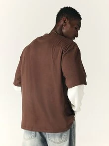 SUMWON Oversized Crew Neck Short Sleeve T-Shirt With Script Embroidery Logo Detail Relaxed Fit Casual Everyday Essential Tee - Brown - View 2