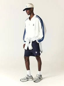 SUMWON Men's Navy Fleece Drawstring Shorts With Monogram Logo Print Summer Casual Comfortable Relaxed Fit Above Knee Length Side Pocket - Navy Blue - View 1