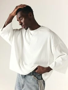 SUMWON Ribbed Knit Boxy Crop Top With Crew Neck Dropped Shoulder Elbow Sleeve Oversized Casual Streetwear Summer Essential - White - View 6
