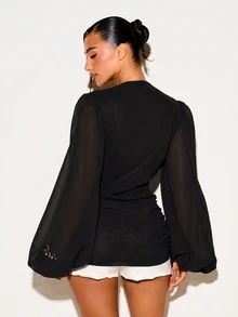 KIZN Deep V-Neck Chiffon Blouse With Gold Ring Buckle Detail And Balloon Sleeves For Party Night Out - Black - View 2