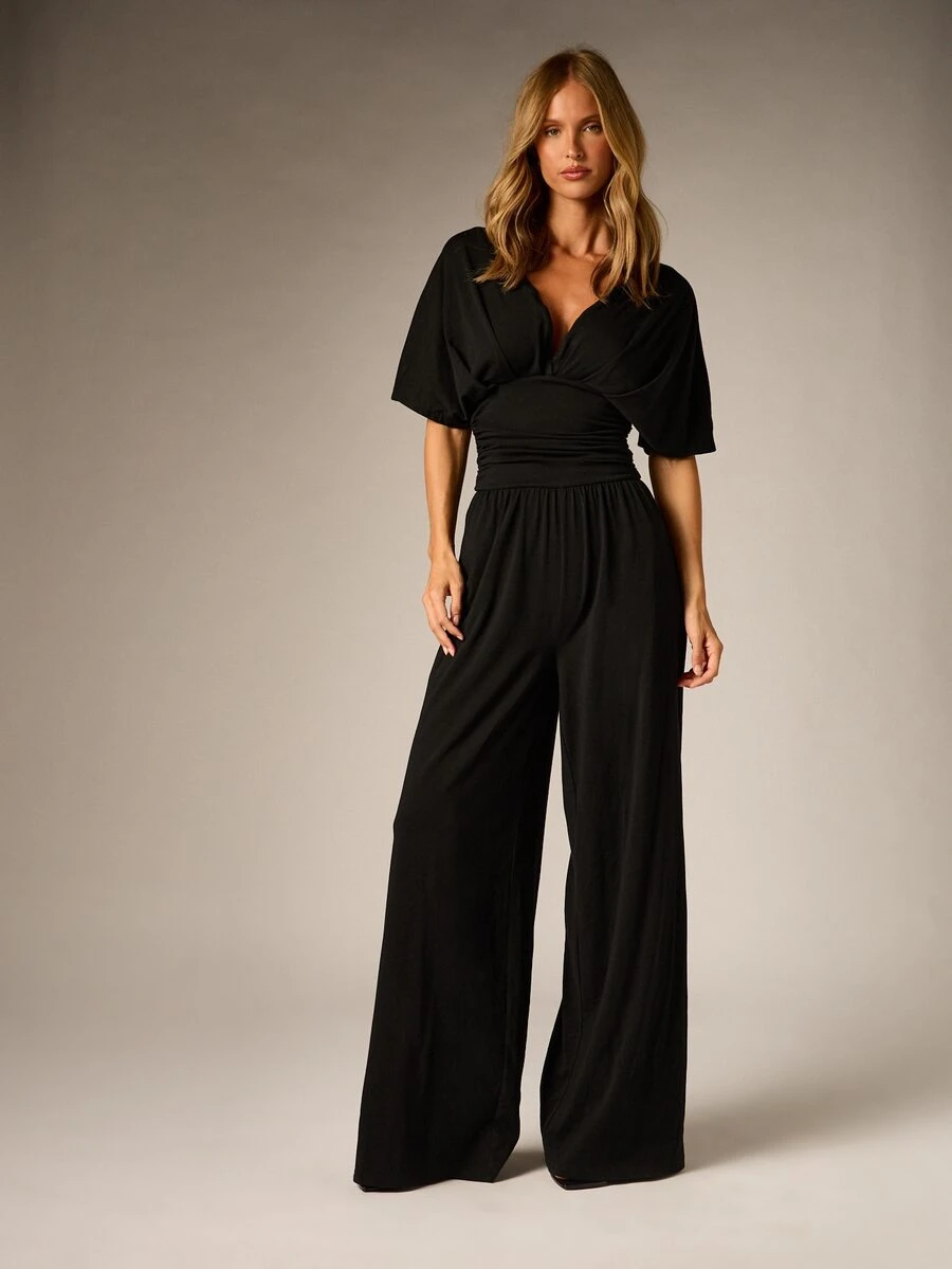 AiiRZ Deep Plunge Wide Leg Full Length Jumpsuit With Batwing Sleeves Ruched Waist And Open Tie Back Detail - Black - View 1