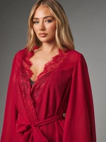 MISSGUIDED Lace Trim Chiffon Mini Robe With Bell Sleeves Deep V-Neck Wrap Silhouette Tie Waist Lingerie Cover Up Valentine Bridal - Red - View 5