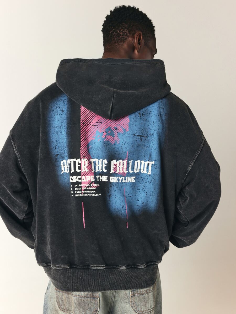 SUMWON After The Fallout Escape The Skyline Oversized Graphic Hoodie With Washed Finish And Bold Back Print Pullover Sweatshirt - Grey - View 1