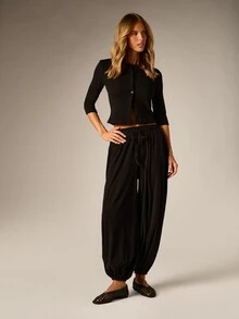 AiiRZ Ribbed Knit Crop Cardigan And Balloon Harem Pants Co-Ord Set With Button Front Closure And Elastic Waistband - Black - View 4