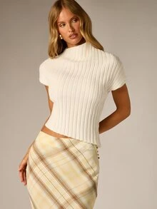 AiiRZ Ribbed Knit Crop Top With High Neck And Cap Sleeves Fitted Sweater Style Spring Summer Essential - White - View 1