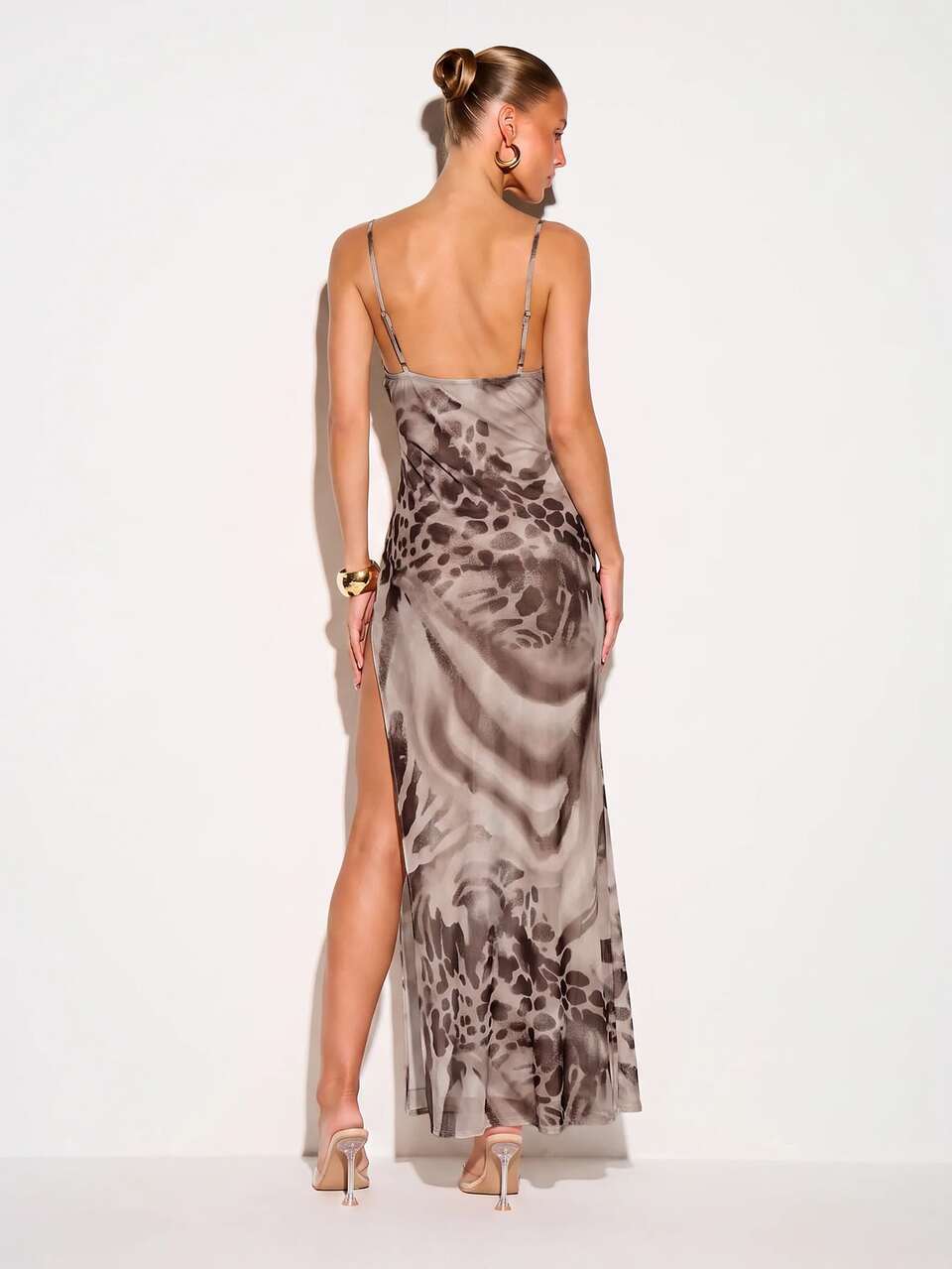 KIZN Cowl Neck Maxi Dress With Animal Print Slit