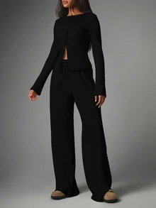 MISSGUIDED Long Sleeve Open Front Cutout Top And Wide Leg Drawstring Pants Co-Ord Two Piece Lounge Set - Black - View 2