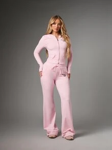 Missguided x Playboy Crown Embroidery Flared Casual Pants With Drawstring Waist Mid Rise Full Length Patch Pockets Spring Summer Loungewear - Pink - View 2
