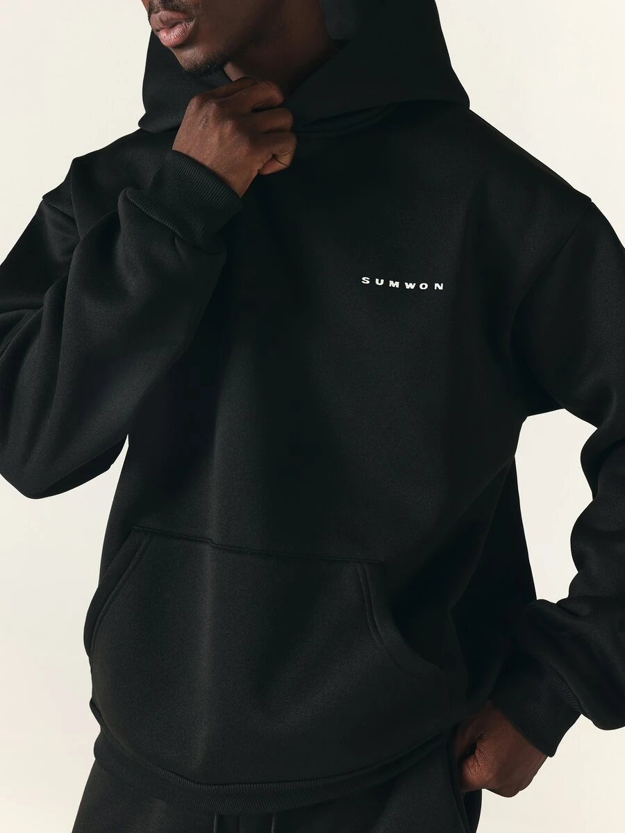 SUMWON Oversized Pullover Hoodie With Chest Logo Print Single Centre Pocket Long Sleeve Casual Streetwear Top - Black - View 1