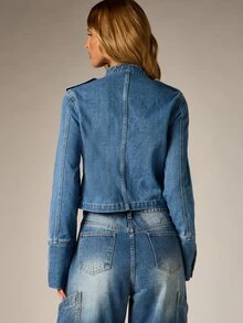 AiiRZ Cropped Denim Military Jacket With Gold Button Detail Stand Collar Zip Closure Fitted Silhouette Festival Spring - Dark Wash - View 3