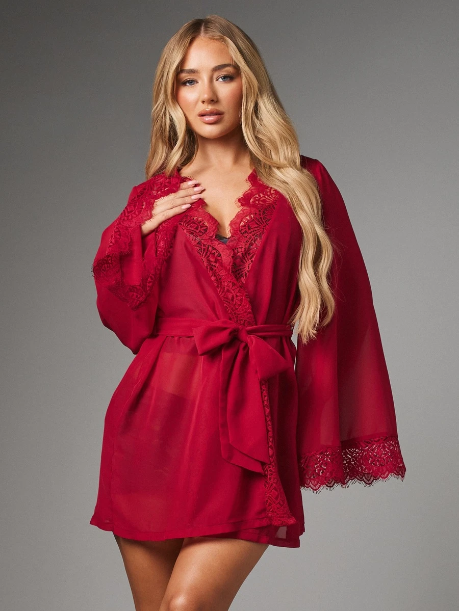 MISSGUIDED Lace Trim Chiffon Mini Robe With Bell Sleeves Deep V-Neck Wrap Silhouette Tie Waist Lingerie Cover Up Valentine Bridal - Red - View 1