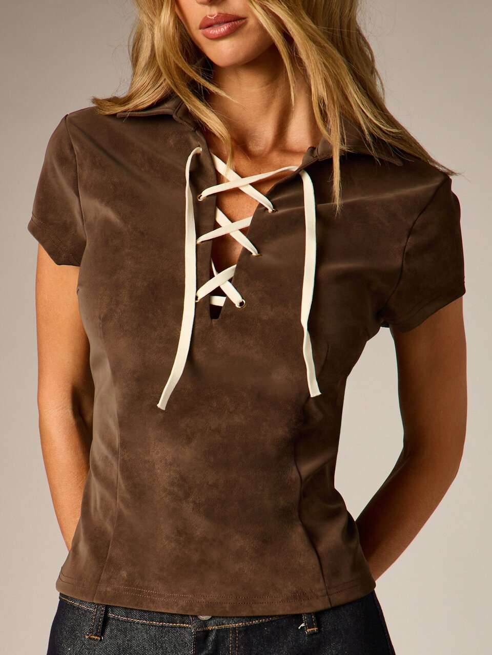 AiiRZ Faux Suede Lace-Up Blouse With Collared Neck