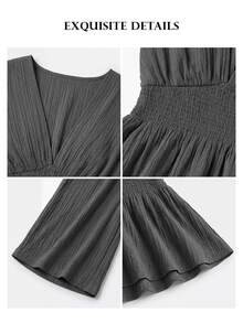 ELLERISSA Plus Size Dark Grey Shirred Waist V-Neck Top & Wide Leg Trousers Co-Ord Set - Dark Grey - View 7