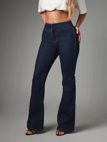 MISSGUIDED High Rise Flared Jeans With Pull-On Waistband Dark Wash Denim Flare Leg Full Length Stretch Fit Spring Summer - Dark Wash - View 1
