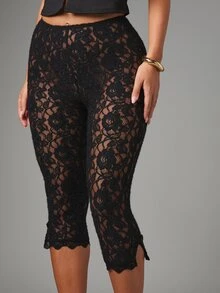 MISSGUIDED Floral Lace Cropped Capri Leggings With Scallop Hem Detail And Side Split Semi-Sheer Stretch Pants For Spring Summer Evening Party - Black - View 4