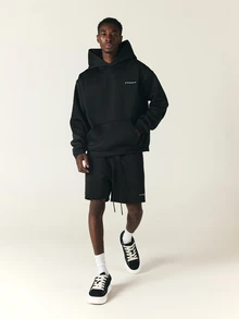 SUMWON Oversized Pullover Hoodie With Chest Logo Print Single Centre Pocket Long Sleeve Casual Streetwear Top - Black - View 3