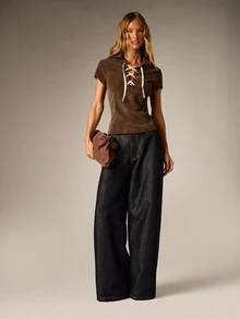 AiiRZ Faux Suede Lace-Up Collared Cap Sleeve Fitted Blouse With Metal Eyelets Fall Winter Boho Western Style - Brown - View 3