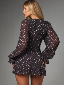 MISSGUIDED Polka Dot Chiffon Mini Dress With Plunge Neckline Puff Long Sleeves Button Front Ruffle Hem Fit And Flare Silhouette Party Night Out - Multicolor - View 2
