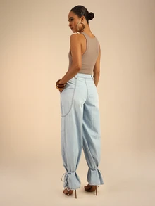 Dancing Leopard Light Blue Denim Balloon-Leg Ankle-Tie Jeans, Everyday Weekend Wear - Blue - View 2