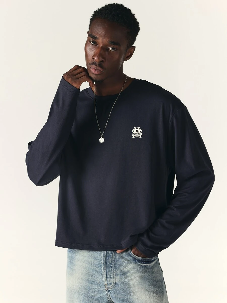 SUMWON Men's Navy Boxy Crop Long Sleeve Tee With Embroidered Monogram Logo Chest Detail Casual Crew Neck Cotton Top - Blue - View 1