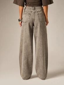AiiRZ Wide Leg Low Rise Vintage Wash Denim Jeans With Side Rhinestone Embellishment Detail And Classic Five Pocket Design - Grey - View 2