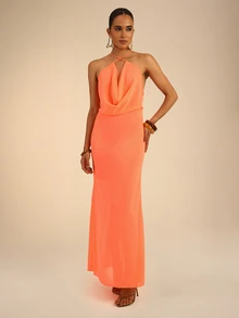 Dancing Leopard Orange Cowl Halterneck Dress, Wedding Guest Occasion Wear - Orange - View 3