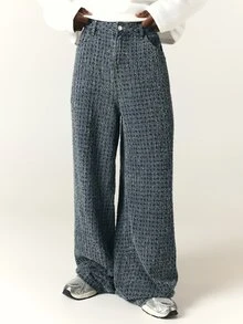 SUMWON Wide Leg Boucle Checked Pants Full Length Relaxed Fit Textured Knit Trousers Fall Winter Casual Everyday Style - Blue - View 1
