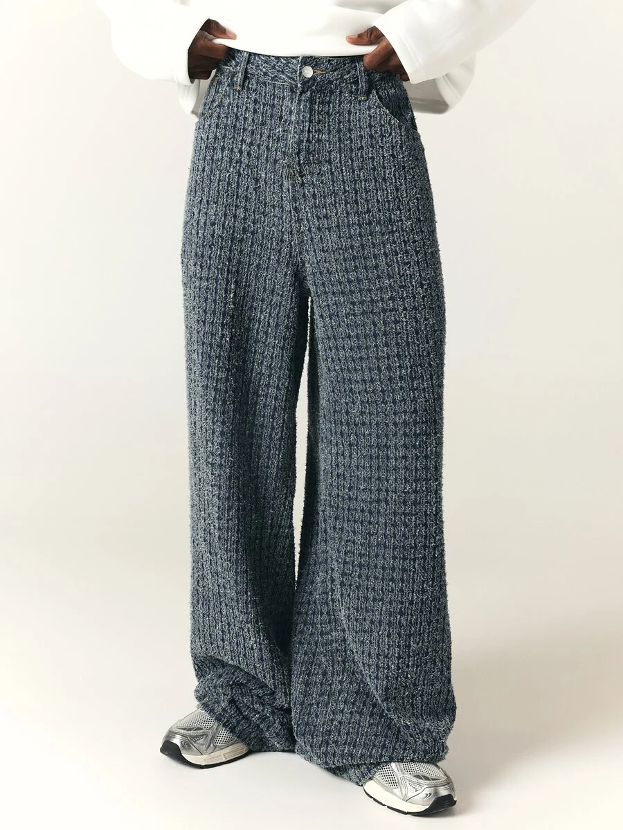 SUMWON Wide Leg Boucle Checked Pants Full Length Relaxed Fit Textured Knit Trousers Fall Winter Casual Everyday Style - Blue - View 1