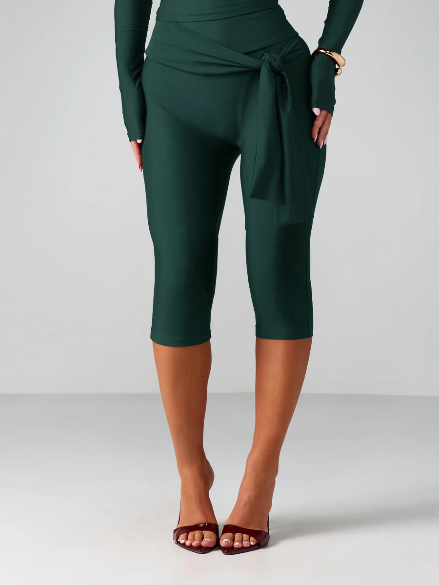 MISSGUIDED Capri 緊身褲 附腰部綁帶設計 - 七分小腿彈性褲,高腰修身款,適合夏季與度假 - 獵人綠 - 查看 1