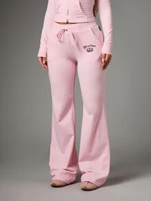 Missguided x Playboy Crown Embroidery Flared Casual Pants With Drawstring Waist Mid Rise Full Length Patch Pockets Spring Summer Loungewear - Pink - View 1