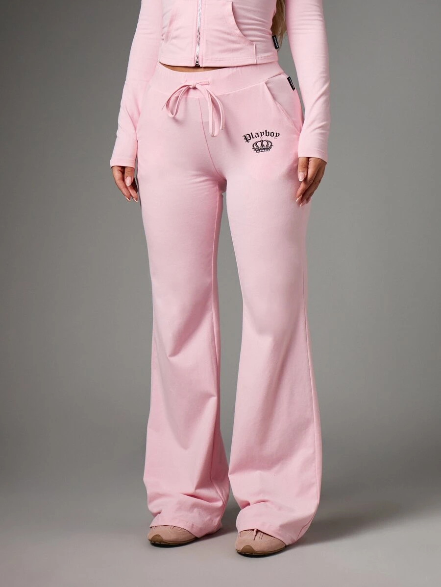 Missguided x Playboy Crown Embroidery Flared Casual Pants With Drawstring Waist Mid Rise Full Length Patch Pockets Spring Summer Loungewear - Pink - View 1