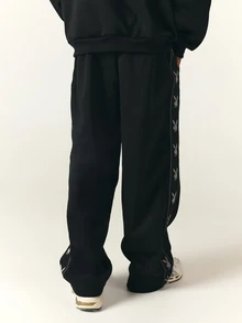 PLAYBOY X SUMWON Bunny Logo Side Tape Wide Leg Sweatpants With Drawstring Waist And Full Length Relaxed Fit For Casual Everyday Loungewear - Black - View 2