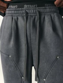 PLAYBOY X SUMWON Celana Jogging Kaki Lebar dengan Logo Kelinci, Bahan Fleece yang Dicuci, Tali Serut di Pinggang, Saku Tempel, Potongan Longgar, Celana Santai Kasual untuk Musim Gugur dan Musim Dingin - Hitam - View 6