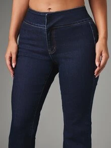 MISSGUIDED High Rise Flared Jeans With Pull-On Waistband Dark Wash Denim Flare Leg Full Length Stretch Fit Spring Summer - Dark Wash - View 5