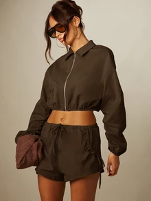 MISSGUIDED 抽繩腰迷你短褲，彈性腰帶側綁帶設計，抓皺下擺，休閒夏季度假短褲 - 棕色 - 查看 1