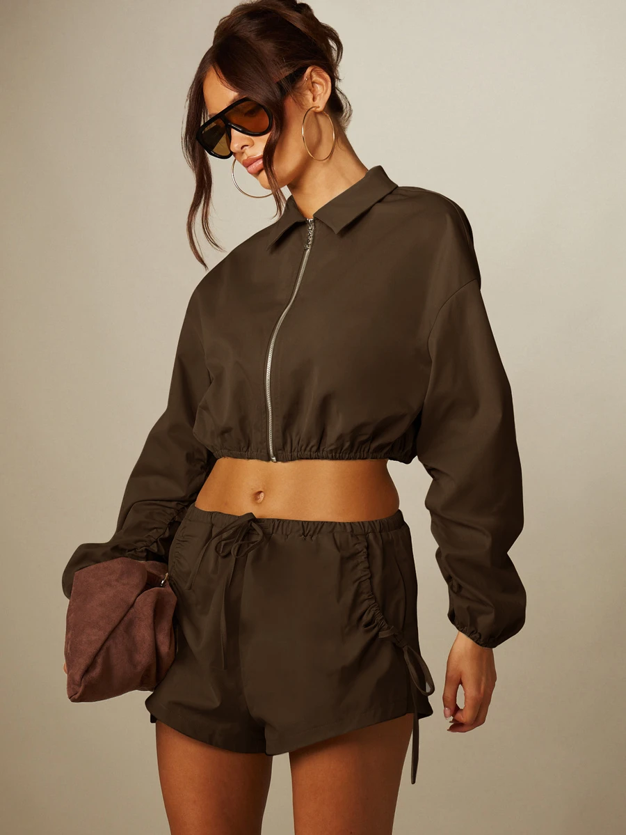 MISSGUIDED 抽繩腰迷你短褲,彈性腰帶側綁帶設計,抓皺下擺,休閒夏季度假短褲 - 棕色 - 查看 1