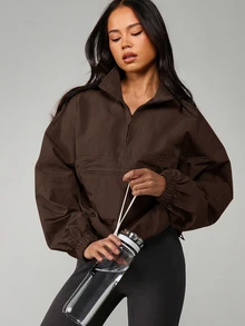 MISSGUIDED 半拉鍊套頭防風夾克，小立領、前中口袋、彈性袖口，寬鬆版型，秋季外套 - 棕色 - 查看 5