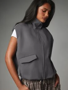 MISSGUIDED Cropped Zip-Up Vest With Stand Collar And Flap Pockets Fall Layering Sleeveless Jacket Utility Style - Dark Grey - View 5