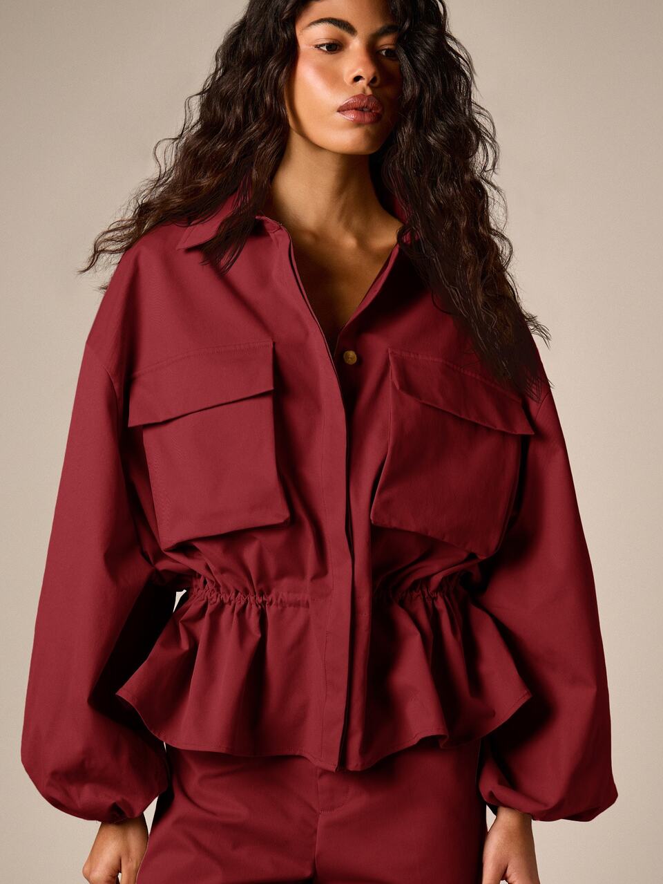 AiiRZ Oversized Cargo Shirt With Balloon Sleeves And Peplum Hem