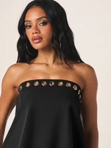 MISSGUIDED Strapless Bandeau Top With Gold Grommet Eyelet Trim Detail Flowy Overlay Summer Party Night Out Style - Black - View 2