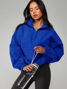 MISSGUIDED 半拉鍊套頭防風夾克，四分之一拉鍊小立領、胸前口袋、彈性袖口，寬鬆短版 Anorak 外套 - 寶藍色 - 查看 5