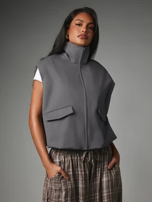 MISSGUIDED Cropped Zip-Up Vest With Stand Collar And Flap Pockets Fall Layering Sleeveless Jacket Utility Style - Dark Grey - View 4