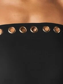 MISSGUIDED Strapless Bandeau Top With Gold Grommet Eyelet Trim Detail Flowy Overlay Summer Party Night Out Style - Black - View 5