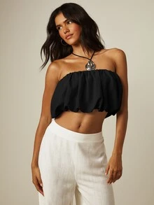MISSGUIDED 無肩帶荷葉邊短版上衣，波浪下擺，銀色圓環掛脖繫帶設計，夏季音樂祭抹胸上衣 - 黑色 - 查看 5