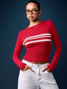 MISSGUIDED 羅紋針織短版大學風胸前條紋長袖圓領修身套頭上衣 秋冬休閒款 - 紅色 - 查看 3